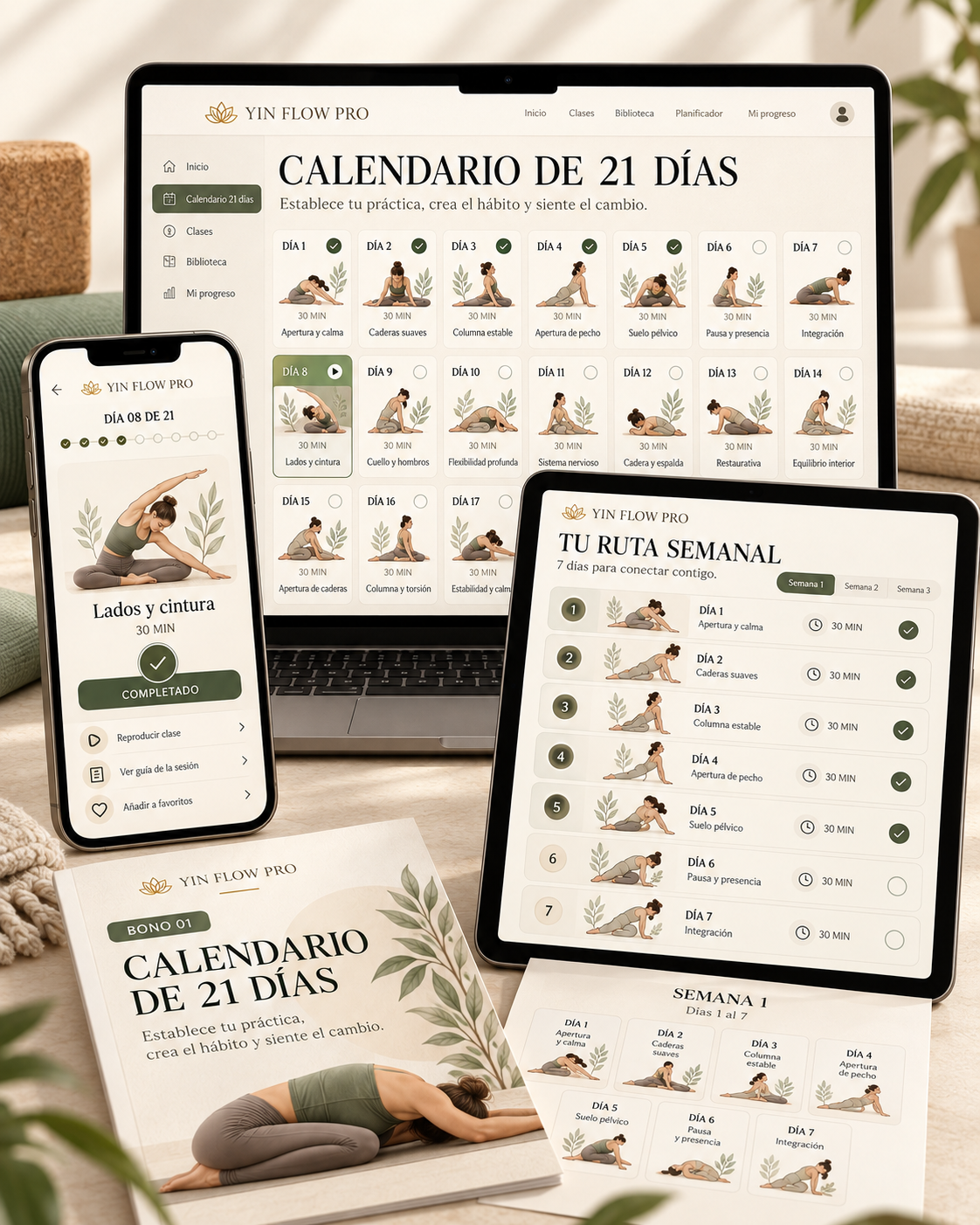 Mockup de YIN FLOW PRO con computadora, tablet, celular y páginas del Calendario de 21 días.