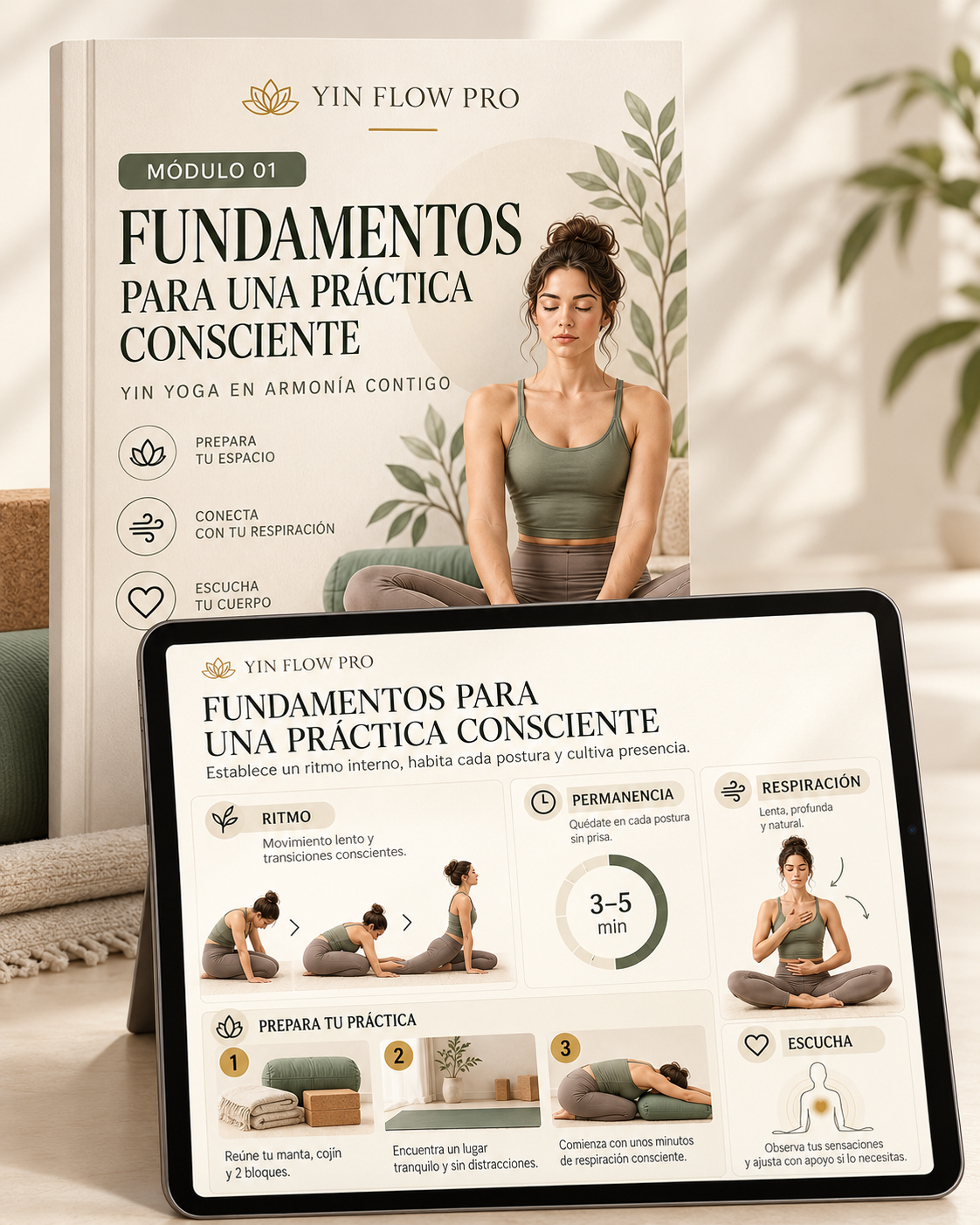 Mockup del módulo 1 de YIN FLOW PRO, Fundamentos para una práctica consciente, con cuaderno y vista interior en tablet.