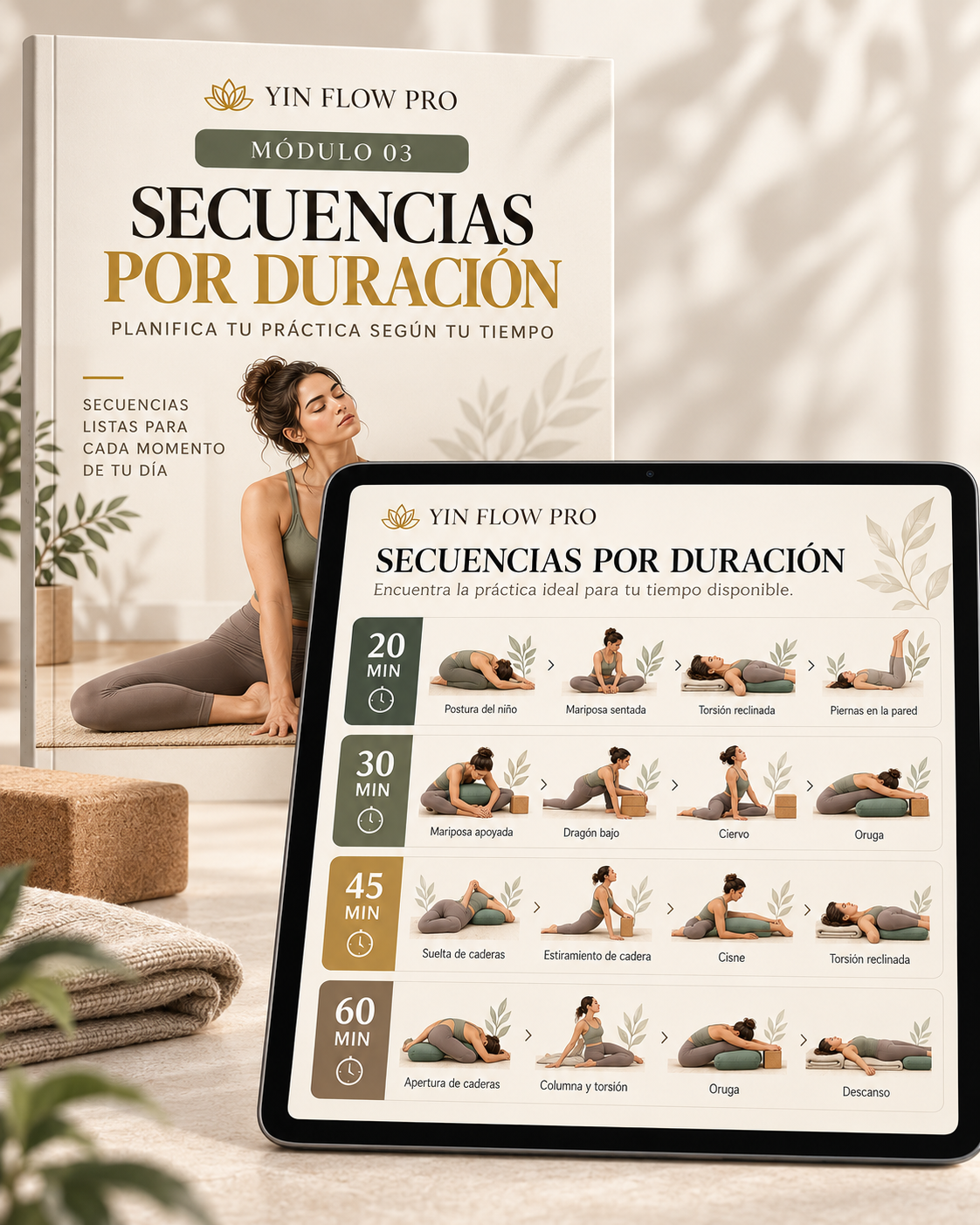 Mockup del módulo 3 de YIN FLOW PRO, Secuencias por duración, con rutas visuales de 20, 30, 45 y 60 minutos.