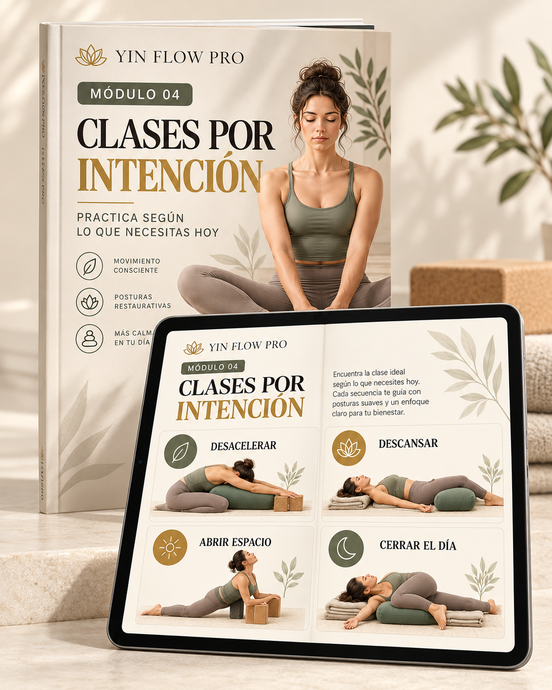 Mockup del módulo 4 de YIN FLOW PRO, Clases por intención, con cuatro propuestas visuales de práctica.