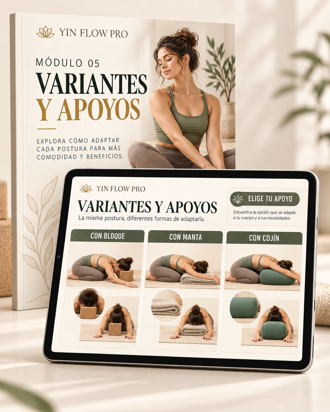 Mockup del módulo 5 de YIN FLOW PRO, Variantes y apoyos, con opciones de bloque, manta y cojín.
